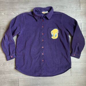 Vintage 00s Looney Tunes Tweety Bird Purple Fleece Button Up Cardigan Size 18/20